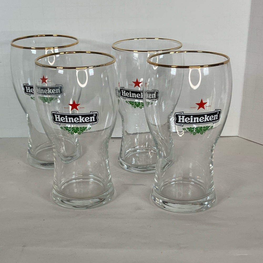 Heineken Beer Glasses Set of 4 Vintage Gold Rim red star tulip Half-Pint (10 oz)
